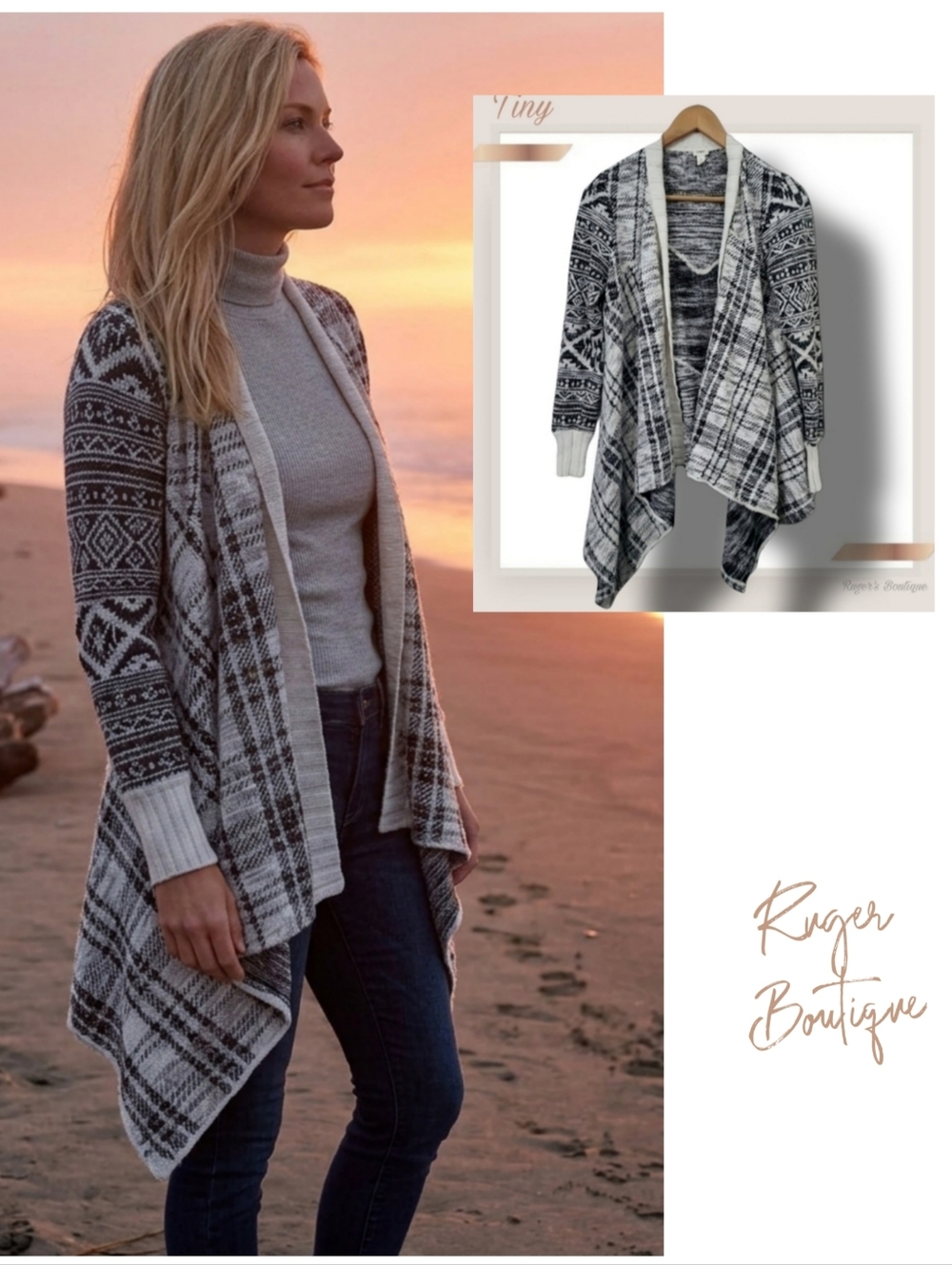 🌿TINY Cardigan Sweater Womens Small Ivory and Black Southwest Aztec Print